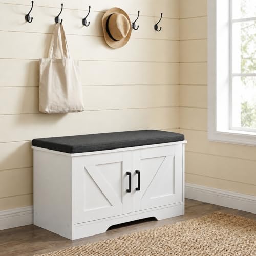 HOMSHO Farmhouse Shoe Storage Bench with 2 Barn Doors & Padded Seat Cushi...