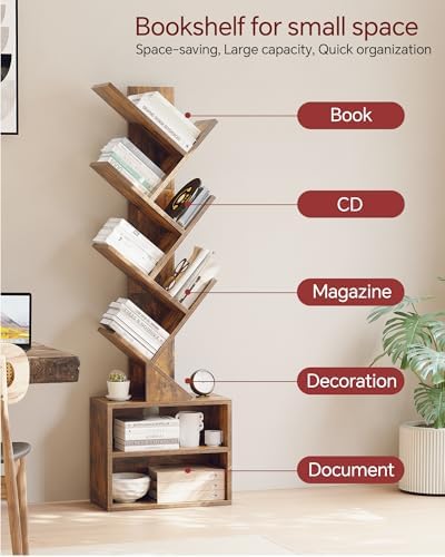 SUNMORY 6 Tier Tree Bookshelf, Small Bookcase with Storage Cabinet, Modern Tall Narrow Bookshelves Organizer, Floor Standing Book Shelf for Bedroom/Living Room/Home Office/Corner, Rustic Brown