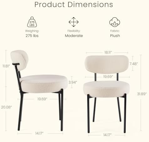 DUMOS Dining Chairs Set of 4, Mid Century Modern Chair Round Upholstered Curved Backrest, Kitchen Vanity Living Room Chairs with Black Metal Legs，Light Beige