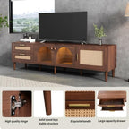 Rattan TV Stand for 75 Inch TV LED Light Modern Farmhouse Media Console with Solid Wood Legs Multi-Functional Storage & Cable Management Easy Assembly Entertainment Center for Living Room Home