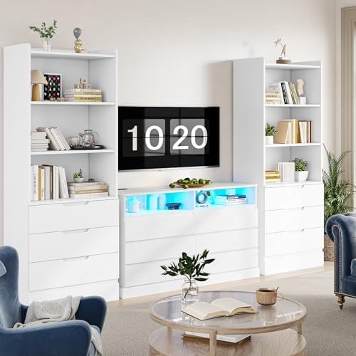 DICTAC 73.23'' Tall Storage Cabinet Bookcase with 3 Drawers and 3-Tie...