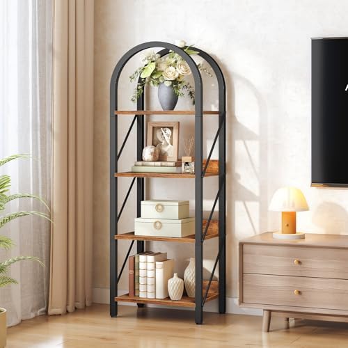 HOOBRO Bookshelf, 4-Tier Arched Bookshelf, Industrial Bookcase with Metal Fra...