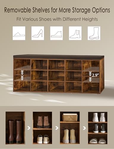 DINZI LVJ Shoe Storage Bench with Cushion, 15-Cubby Shoe Rack with Seat | 50....