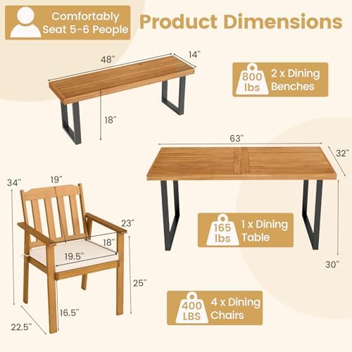 Tangkula 6 Pieces Patio Dining Table Set, 63” Rectangle Acacia Wood Table wit...