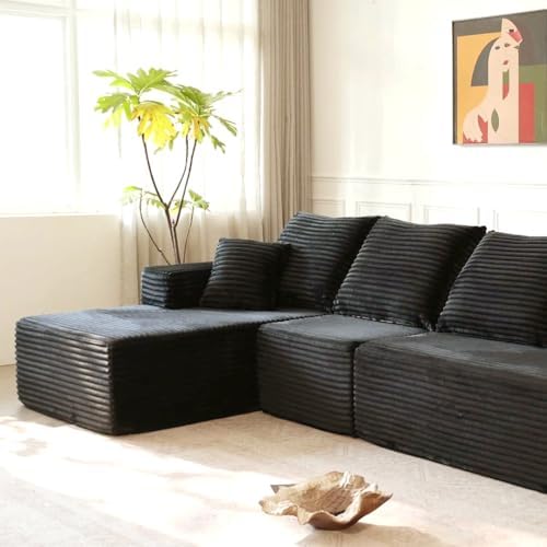 107" Boneless Couch with L Shaped Chaise, Plush Corduroy Sleeper Sectional Sofa, Deep Seat Comfy Couches for Living Room Bedroom, Compressed Foam Cloud Sofas, No Assembly, Left Facing Chaise, Black