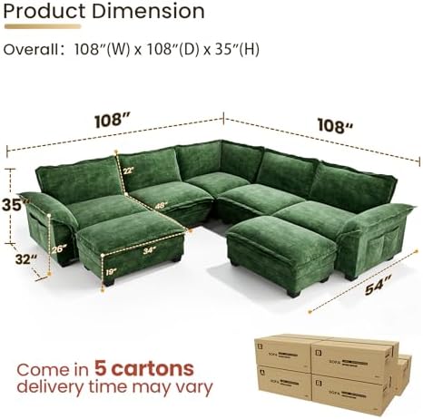 KKL Large V-Shaped Modular Sectional Sofa, 7 Seater Cloud Couch with Ottoman,...