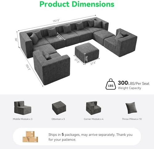 MONVANE Oversized Sectional Couch 10-Seat, Chenille, Gray | Sectional Couch f...