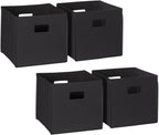 RiverRidge Folding Storage Bins - 4-pack of 10in Tall Black Cubes | Fabric Bins, Set of 4 Storage Cubes, Cut-out Handles, Playroom Closet Organizer, Collapsible Cubby with Bottom Board Insert