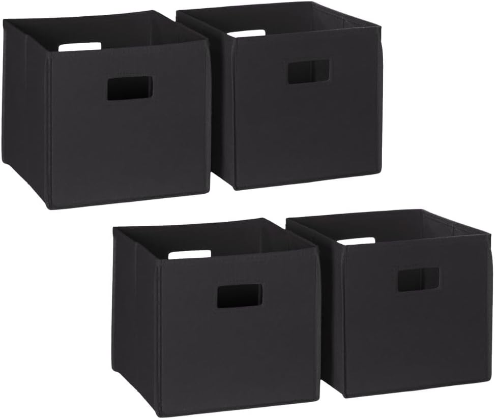 RiverRidge Folding Storage Bins - 4-pack of 10in Tall Black Cubes | Fabric Bins, Set of 4 Storage Cubes, Cut-out Handles, Playroom Closet Organizer, Collapsible Cubby with Bottom Board Insert