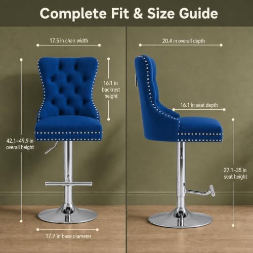Blue Modern Swivel Bar Stools Set of 2, Velvet Counter Height Bar Stools for ...