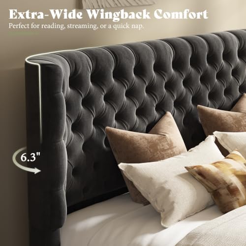 AMERLIFE Upholstered King Bed Frame with Wingback Headboard, Black Velvet