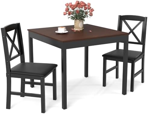 GOFLAME 3-Piece Dining Table Set for 2, Wooden Square Kitchen Table with 2 Up...