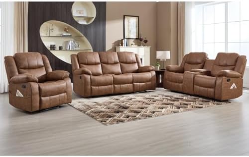 EBELLO 3 Pieces Faux Leather Recliner Sofa Furniture Set, Includes a Manual R...