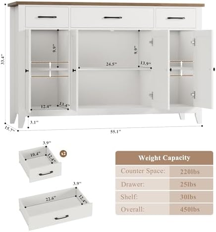HORSTORS 55" W Buffet Cabinet with Storage, Kitchen Storage Cabinet, White