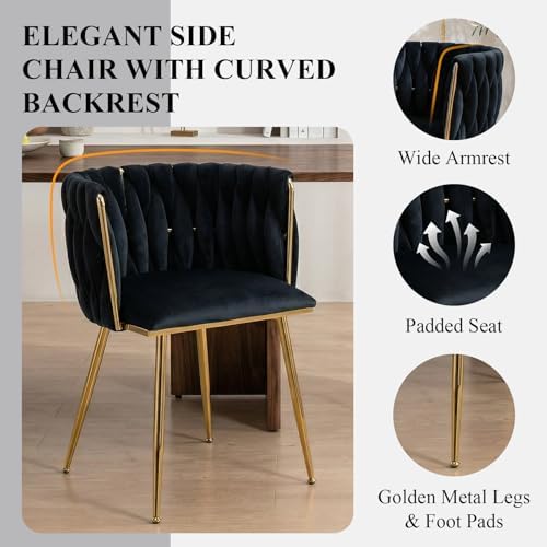 Hand-Woven Dining Chairs Set of 2,Dining Room Chairs with Gold Leg | Velvet E...