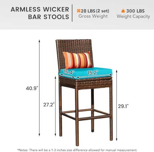 Sundale Outdoor Wicker Bar Stool Set of 2, 29 Inch Seat Height Patio Stool