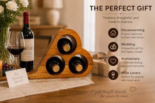 Handmade Solid Acacia Wood Wine Bottle Holder, 3-Bottle Heart Wine Rack, Rust...
