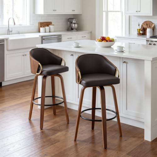 24.8" Swivel Counter Height Bar Stools Set of 2,Brown Leather Barstools ...