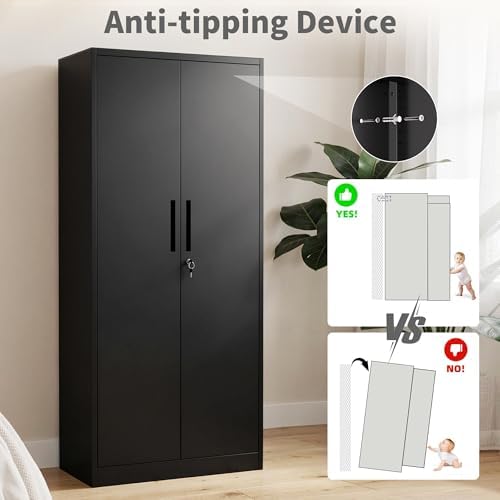 Metal Storage Cabinet with Lock, 71"H Garage Storage Cabinet, Black | St...