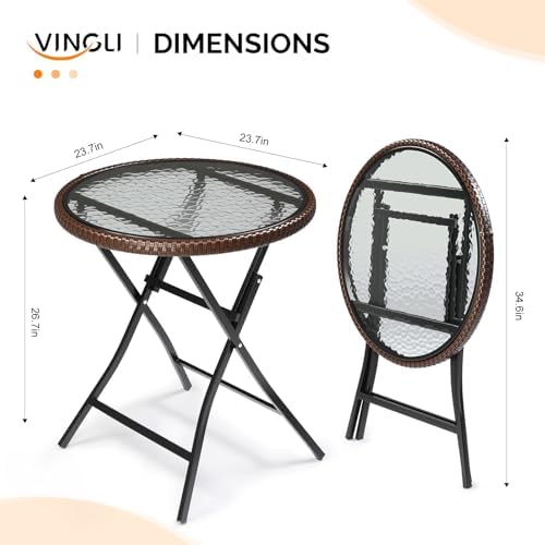 VINGLI 23.6in Modern Brown Rattan Folding Glass Outdoor Side Table, Small Pat...