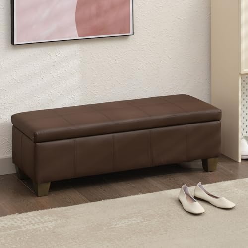 51 Inch Storage Ottoman, Storage Bench with Safety Hinge, Upholstered Synthet...