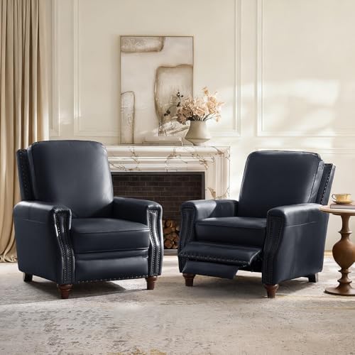 HULALA HOME Genuine Leather Manual Recliners Set of 2 with Wood Legs, Navy | ...
