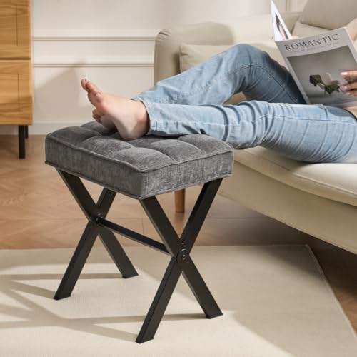 Makeup Chair, Modern Luxury Vanity Stool with Linen Plush Seat | Compact X Ba...
