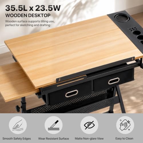 Athena Collection Wooden Drafting Table W/Stool, Tilting Art Desk, Natural