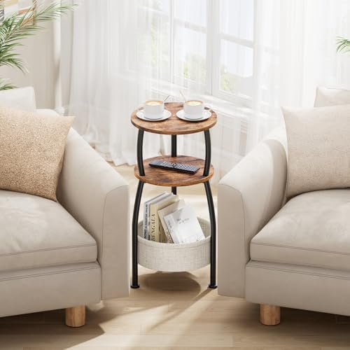 Round Side Table for Small Spaces with Storage Basket, 11.81in