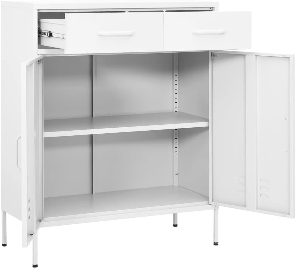 White Steel Cabinet 31.5x13.8x40 in, 2-Door Pantry w/ 2 Drawers, Adjustable S...