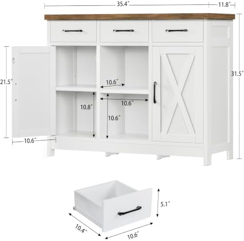 TEENFON Storage Cabinet, Coffee Bar Cabinet with 3 Drawers, 2 Adjustable Shel...