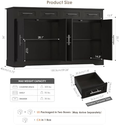 HOSTACK 60" W Sideboard Buffet Cabinet with Storage, Kitchen Cabinet, Black