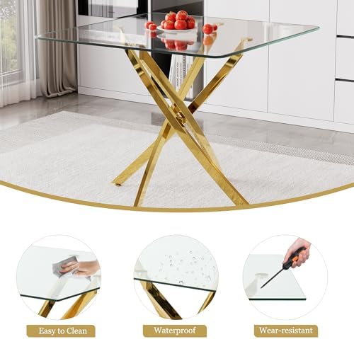 36 Inch Dining Table Set for 4, Modern Square Tempered Glass Top, Gold Finish...