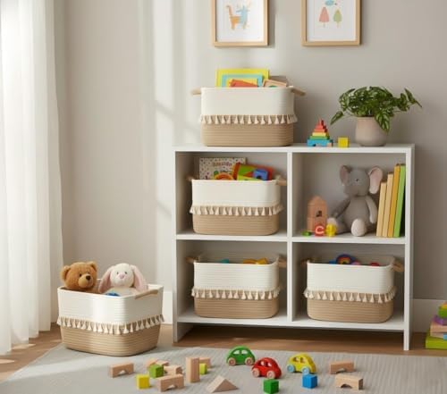 TeoKJ 2 Pack Woven Storage Bin, Cotton Rope Basket for Storage, Clothes Boho Basket Bin for Organizing, Fabric Basket for Books, Plants, Pet Treats, White & Jute