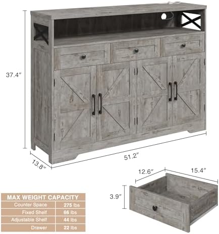 51" Farmhouse Buffet Sideboard Cabinet with Drawers and Barn Doors, Storage