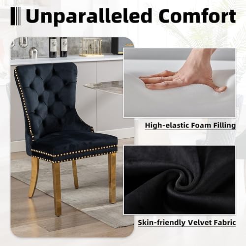 Dining Chairs Set of 6, Golden Metal Legs, Sophisticated Lion Ring, Black