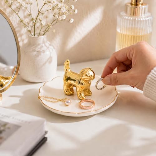 Ceramic Dog Ring Holder with White Dish,Ring Dish Trinket Tray for Rings,Earrings,Jewelry Organizer,Gifts for Women (Dog-B)