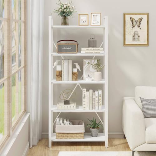 FATORRI 5 Tier Bookshelf, Metal and Wood Bookcase, Etagere Book Shelf for Dis...