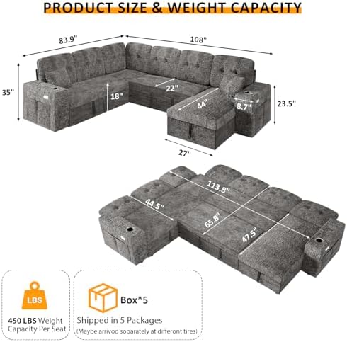 Modular Sectional Sleeper Sofa with Pull Out Bed, 108 Inch U Shaped 7 Seat Co...