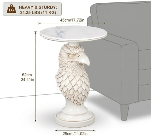 Modern Ivory Eagle Accent Table - 24.41" Minimalist White Resin Eagle Head Pedestal Table with 17.72" Round Faux Marble Top, Unique Animal Art Sculpture Side Table for Chic Home Decor, 24.25 LBS