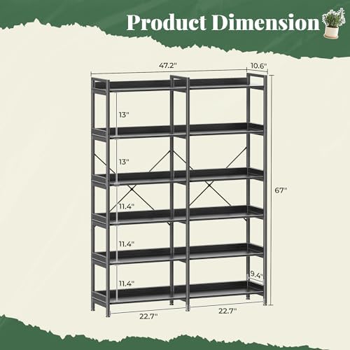 Huuger 6 Tier Bookshelf with 12 Open Shelves and Raised Baffle, Black