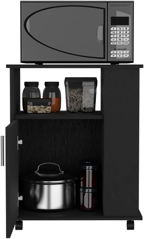 Lower Microwave Cabinet, Black - Compact Kitchen Storage with Open Shelves
