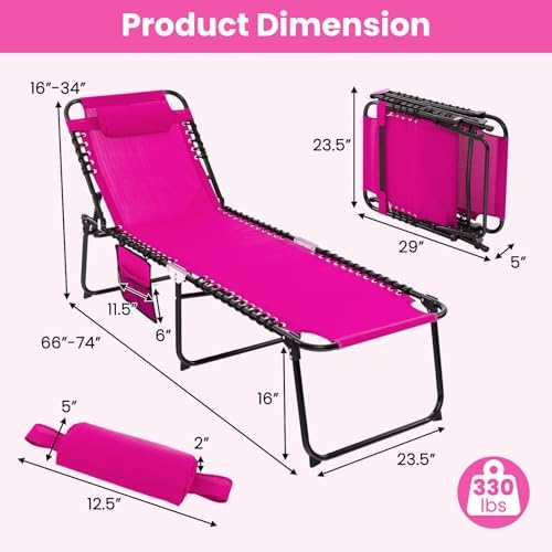 GYMAX Lounge Chairs for Outside, Extra High Folding Beach Tanning Lounger with 4-Level Adjustable Backrest, 2-Level Footrest & Removable Pillow, Sunbathing Lounge for Patio, Lawn, Poolside (1, Pink)