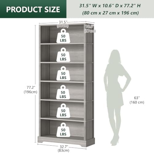 TVU 6 Tiers Wooden Bookshelf, 77.2" Tall Farmhouse Style Open Bookcase, ...