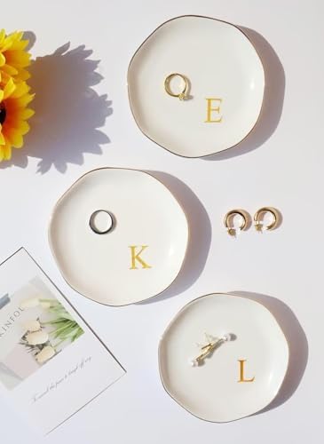 Ceramic Jewelry Tray Initial Ring Dish Personalized K-Monogrammed Engagement Wedding Gifts, for Birthday Mother's Day Christmas for Women, Ceramic White 4.75" (Y)