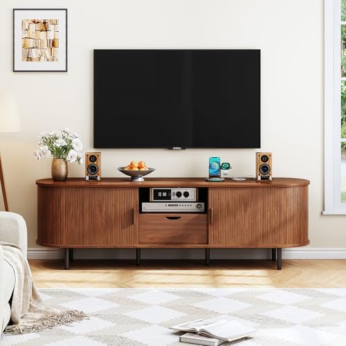 ONBRILL 69" TV Stand with Power Outlet for TVs up to 80", Walnut | ...