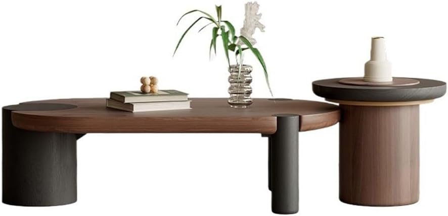 Mobile Side Table Modern Wooden Nesting Coffee Table Set Oval & Round Liv...