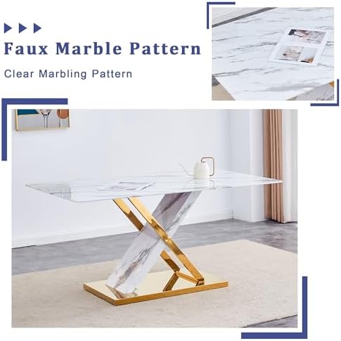 YUNDREAM Modern Marble Dining Table Set for 4,White Gold 63'' Dining ...