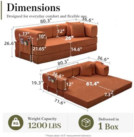 GEARIVY Folding Sofa Bed Convertable Corduroy Couch King Size Floor Sleeper 4-in-1 DIY Combination Modular Sofa Fold Out Futon Lounge Comfy Foldable Lazy cama for Living Room