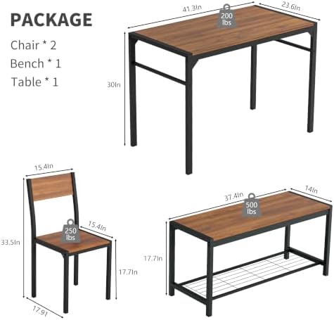 Dining Table Set for 4 with Bench, 4 Pieces Kitchen Table and Chairs, Space-S...
